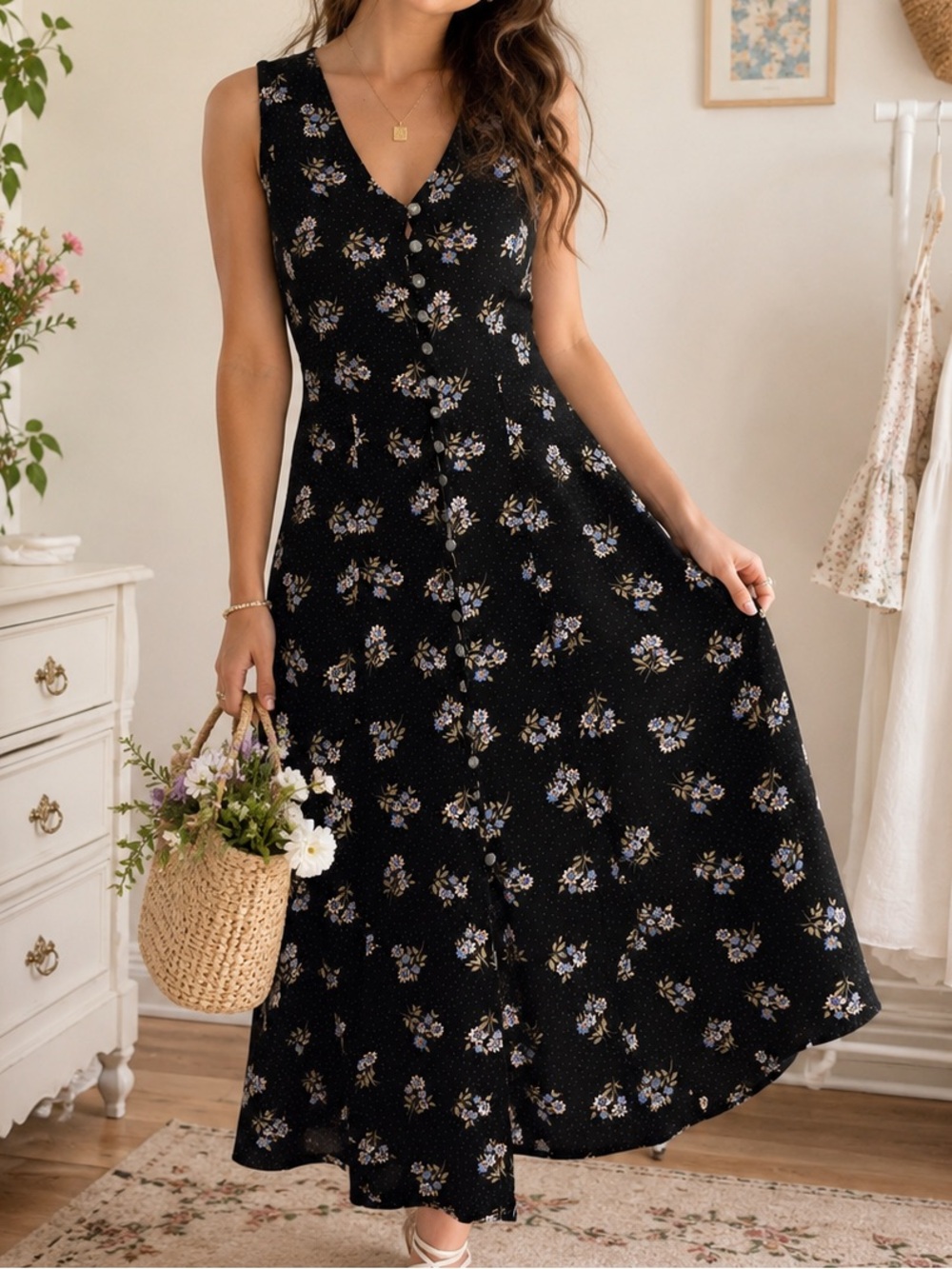 Vintage Sleeveless Black Floral V-Neck Maxi Dress